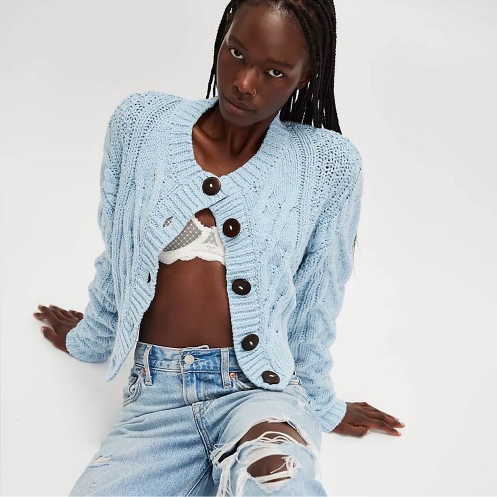 NEW FREE PEOPLE Bonfire Cardigan Cardi Sweater in Boardwalk Blue M - Picture 2 of 8